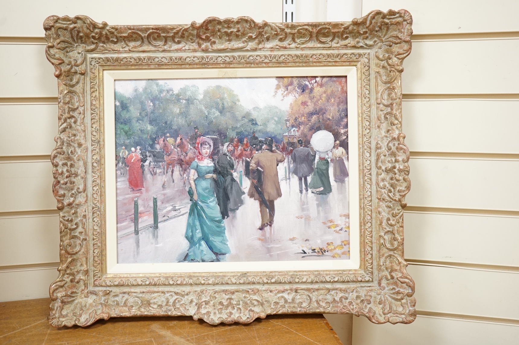 Juan Soler (Spanish, 1940-1984), Impressionist street scene with figures, signed, oil on canvas, 31 x 39cm